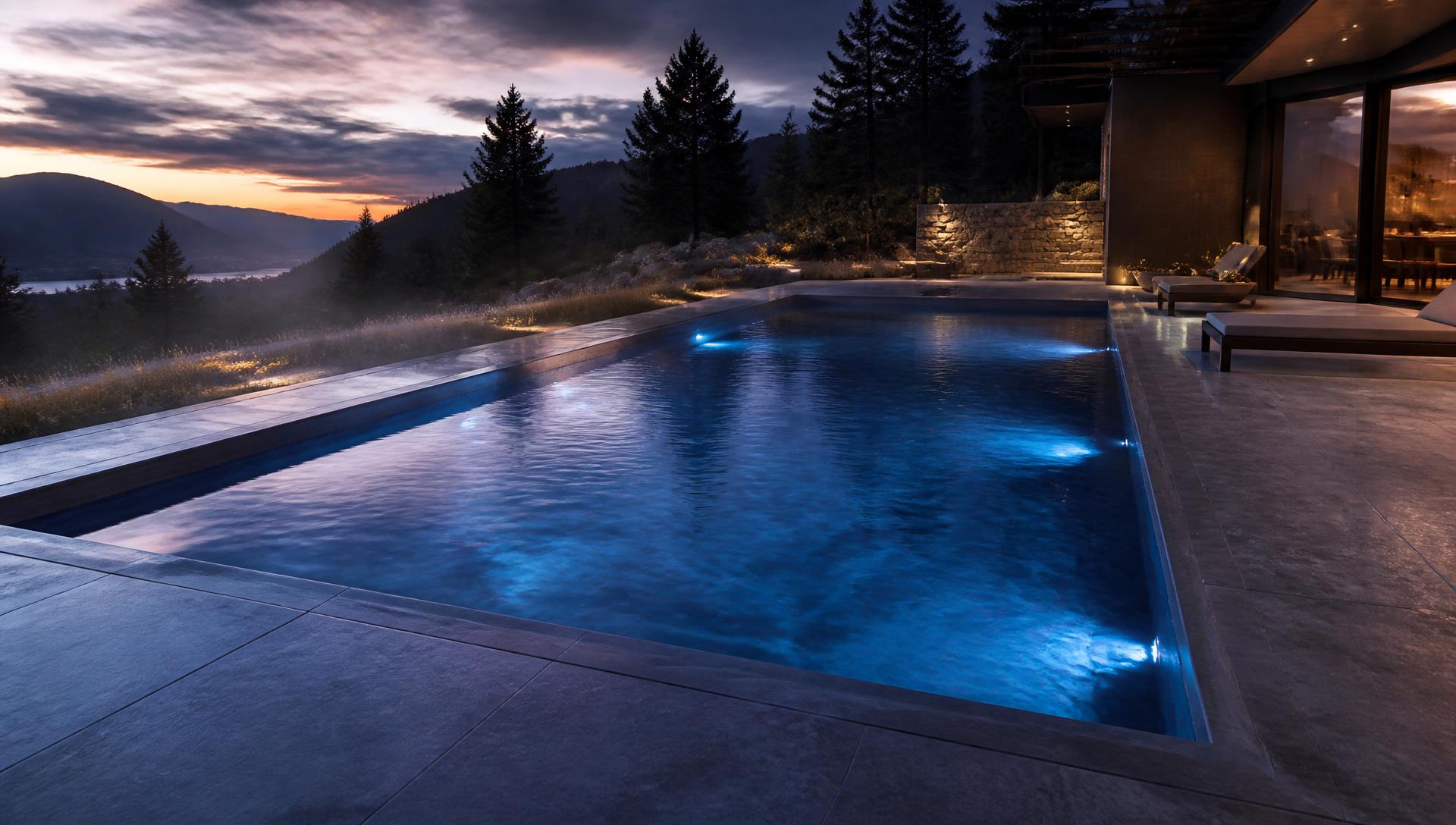 Piscina Granitada Signature iluminada ao entardecer